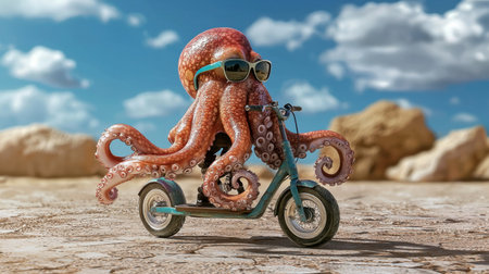 A whimsical octopus wearing sunglasses takes a ride on a scooter in a desert setting. This surreal scene combines playful humor with a unique character and vibrant colors.の素材