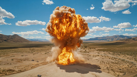 A powerful explosion erupts in a desert landscape, creating a dramatic fireball against a bright blue sky, showcasing the forces of nature in an outdoor setting.の素材