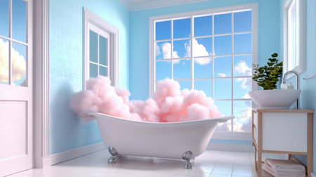 A cozy bathroom scene features a vintage tub filled with fluffy pink clouds. Bright blue walls and large windows create an inviting, dreamy ambiance perfect for relaxation.の素材