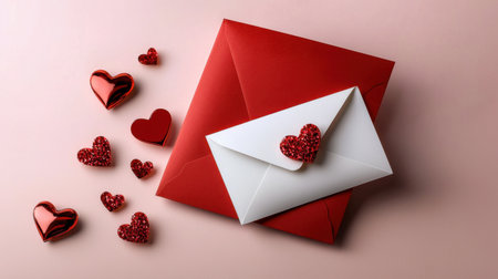 A beautifully arranged romantic envelope with red hearts, perfect for expressing love on Valentine's Day or other special occasions. Ideal for greeting cards.の素材