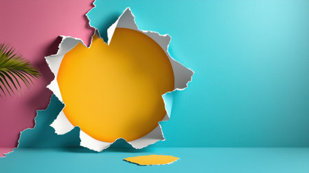A vibrant paper tear effect revealing a bright yellow sun against a colorful background. This design captures creativity and modern aesthetics, perfect for summer themes.の素材
