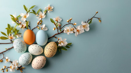 A vibrant arrangement of colorful Easter eggs rests on a light blue background, accompanied by delicate blossoms, symbolizing spring and renewal.の素材