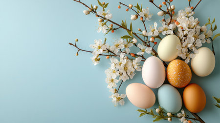 A beautiful arrangement of colorful Easter eggs nestled among delicate cherry blossoms. Perfect for spring celebrations, decorations, and creative projects.の素材