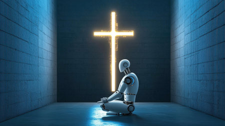 A serene robot in a meditative pose sits under a glowing cross, symbolizing the intersection of technology and spirituality, evoking feelings of peace and contemplation.の素材