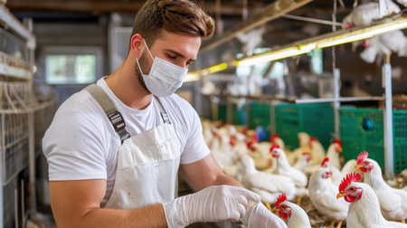 A young farmer in a mask and gloves tends to chickens in a farm environment. The image highlights essential farming practices and dedication to animal welfare.の素材