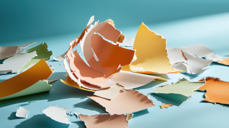 A vibrant collection of torn paper pieces in soft pastel colors scattered on a serene blue background, perfect for creative projects and visual designs.の素材