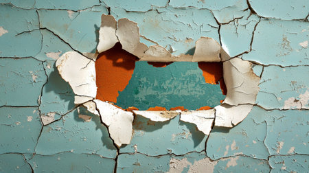 This image features a cracked wall showcasing peeling paint and an exposed underlayer. The vibrant colors and unique textures create an interesting visual contrast ideal for art, design, and renovation themes.の素材