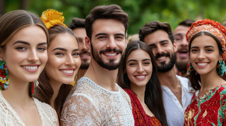 A vibrant group of friends smiles warmly at the camera, showcasing traditional outfits and cultural diversity. Their joy and connection create an inviting atmosphere.の素材