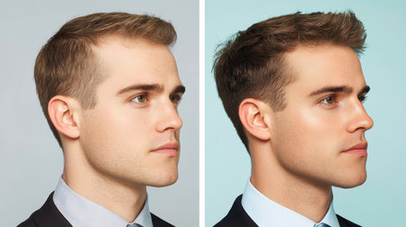 This portrait features a young professional man with a clean haircut and a suit jacket, showcasing a confident side profile against a soft backdrop.の素材