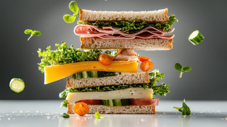 A stunning stack of fresh sandwiches featuring layers of greens, meats, and cheeses. Vibrant ingredients create an appetizing display suitable for any meal.の素材