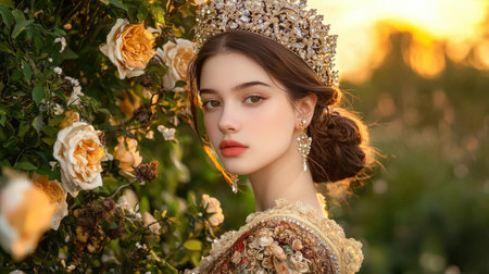 A young woman adorned with a crown poses gracefully beside blooming roses during a serene sunset, showcasing elegance and beauty in a vibrant garden setting.の素材