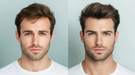 This image features side-by-side portraits of a young man showcasing two distinct modern hairstyles. The focus highlights grooming and confidence.の素材