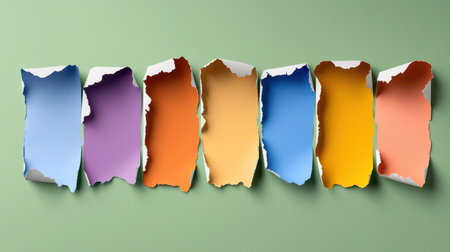 A captivating image of colorful torn paper strips against a green wall, showcasing a variety of vibrant shades that create a dynamic and artistic background.の素材