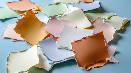 A vibrant collection of torn paper scraps in soft pastel colors, arranged artistically on a blue background, perfect for creative projects and design inspiration.の素材
