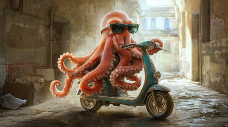 A whimsical octopus wearing stylish sunglasses rides a vintage scooter in an urban setting, creating a fun and quirky atmosphere filled with color and charm.の素材