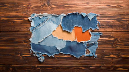 A vibrant denim patchwork display featuring various shades of blue and striking orange, set against a rustic wooden backdrop, ideal for fashion and crafting themes.の素材