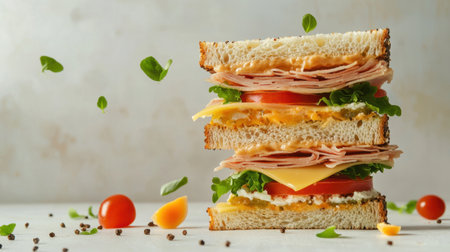 A delicious layered sandwich featuring fresh meats, crisp vegetables, and rich cheeses arranged attractively against a light background, perfect for meals.の素材
