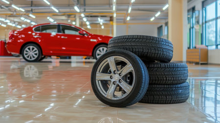 A visually appealing arrangement of four rubber tires stacked in a modern car showroom. The vibrant red vehicle in the background enhances the automotive theme.の素材