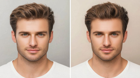 A captivating portrait of a handsome young man showcasing his stylish hair and clear skin, embodying confidence and modern aesthetics in a neutral background.の素材