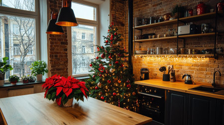 A cozy modern kitchen adorned with a Christmas tree and festive decorations. The warm atmosphere complements the wooden elements and brick walls, creating an inviting space.の素材