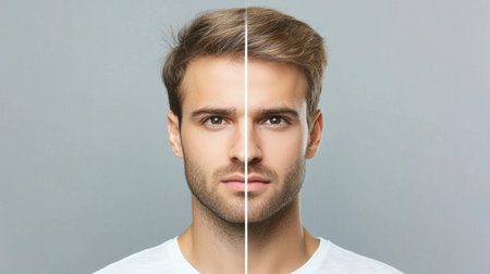 A striking half portrait of a young man, showcasing distinct facial features and expressions against a neutral background, highlighting beauty and symmetry.の素材