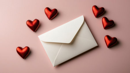 A stylish envelope rests on a pink surface, surrounded by vibrant red hearts. This romantic setup captures the essence of love and celebration, perfect for expressing feelings.の素材
