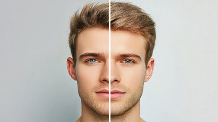 A striking split-face portrait of a young man highlights different styles and expressions. The clean backdrop emphasizes his features and trendy look.の素材