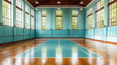 A bright indoor tennis court featuring large windows that flood the space with natural light. The design emphasizes a calm and inviting atmosphere for sport and exercise.の素材