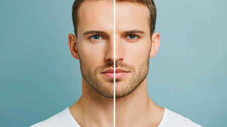 A striking portrait of a young man divided in expression, showcasing contrasting emotions. The clean background enhances the focus on his striking features and personality.の素材