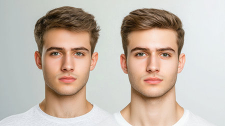 Captivating portrait of a young man showcasing different facial expressions and hairstyles. The clean background emphasizes his features and charm.の素材