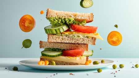 A vibrant and colorful vegetable sandwich stacked high on a plate. Fresh ingredients like lettuce, cucumber, and tomato create an appetizing display, perfect for healthy meals.の素材