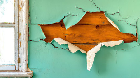 This image showcases a cracked wall revealing wood beneath peeling turquoise paint. The combination of textures highlights wear and age, suitable for renovation themes.の素材