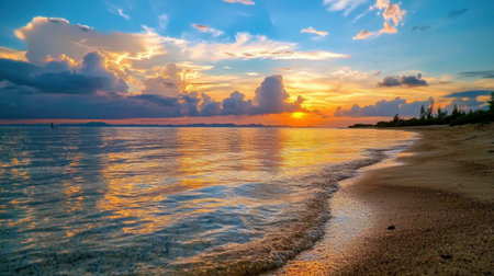 Breathtaking sunset view over calm waters with vibrant reflections. The golden hues blend beautifully with the colorful sky, creating a serene atmosphere.の素材