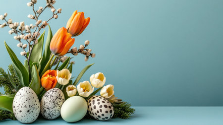A vibrant spring arrangement featuring bright tulips and decorative Easter eggs on a soft blue background, perfect for seasonal celebrations and festive decor.の素材