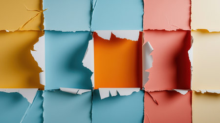 Bright and colorful torn paper background featuring open spaces perfect for text or artwork. Ideal for creative projects and graphic designs.の素材