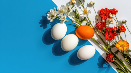 A stunning still life composition featuring colorful eggs, including a vibrant orange egg, paired with fresh flowers on a vivid blue background.の素材