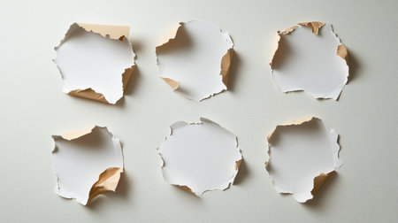 This image showcases six pieces of torn paper arranged on a smooth surface, creating unique blank spaces. Ideal for creative projects, stock imagery, and design backgrounds.の素材