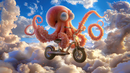 A delightful octopus joyfully rides a scooter through fluffy clouds, capturing a blend of fantasy and adventure in a vibrant and colorful sky.の素材