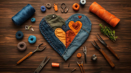 A beautifully arranged heart shape crafted from denim and vibrant threads sits atop a rustic wooden table, showcasing creativity and artistic expression through various craft tools.の素材