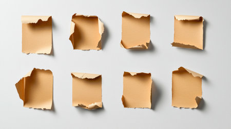 A collection of torn yellow paper squares with irregular edges arranged on a white surface, offering a minimalistic and creative backdrop for various design projects.の素材