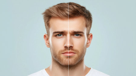A striking split-face portrait of a young man showcasing contrasting expressions and styles, highlighting beauty, emotion, and modern fashion.の素材