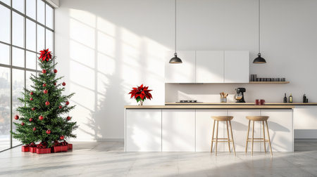 A contemporary kitchen adorned with a decorative Christmas tree and vibrant holiday plants, capturing a festive atmosphere in a bright and inviting space.の素材