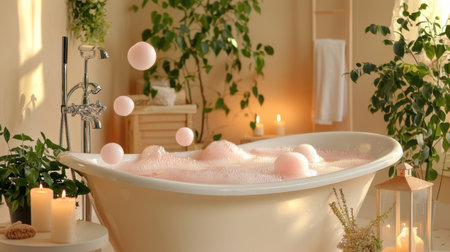 A serene bathroom scene featuring a white bathtub filled with pink bubbles, surrounded by lush green plants and soft candlelight, ideal for relaxation and self-care.の素材