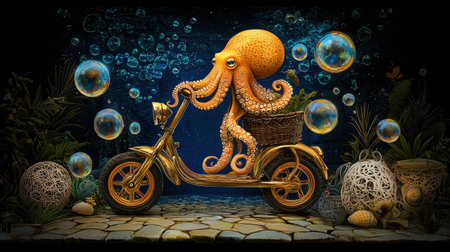 A vibrant and whimsical scene featuring a colorful octopus riding a vintage bicycle, surrounded by bubbles and underwater elements, perfect for art lovers.の素材