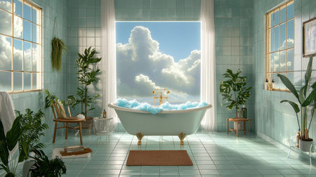 A tranquil bathroom scene featuring a vintage tub filled with soft blue bubbles. Sunlight streams through large windows showcasing fluffy clouds, complemented by lush green plants, creating a peaceful and refreshing atmosphere.の素材