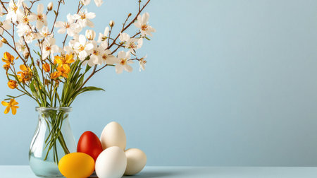 A charming arrangement featuring beautiful spring flowers in a vase alongside decorative eggs in vibrant hues. Perfect for Easter celebrations and seasonal decor.の素材