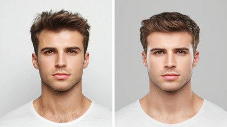 This image presents a modern portrait of a young man showcasing two stylish haircuts against neutral backgrounds, emphasizing grooming and current trends in male fashion.の素材
