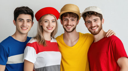 A vibrant group of young friends showcases their joy and friendship through smiles and colorful outfits. Their cheerful poses capture the essence of youth.の素材