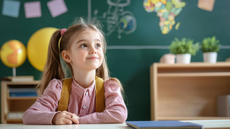 A cheerful young girl with pigtails sits at her desk in a vibrant classroom, radiating curiosity and joy while surrounded by educational elements and colorful decor.の素材