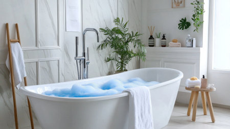 A serene bathroom setting featuring a modern bathtub filled with blue bubbles. Soft towels and a soothing plant enhance the relaxing atmosphere, ideal for wellness.の素材
